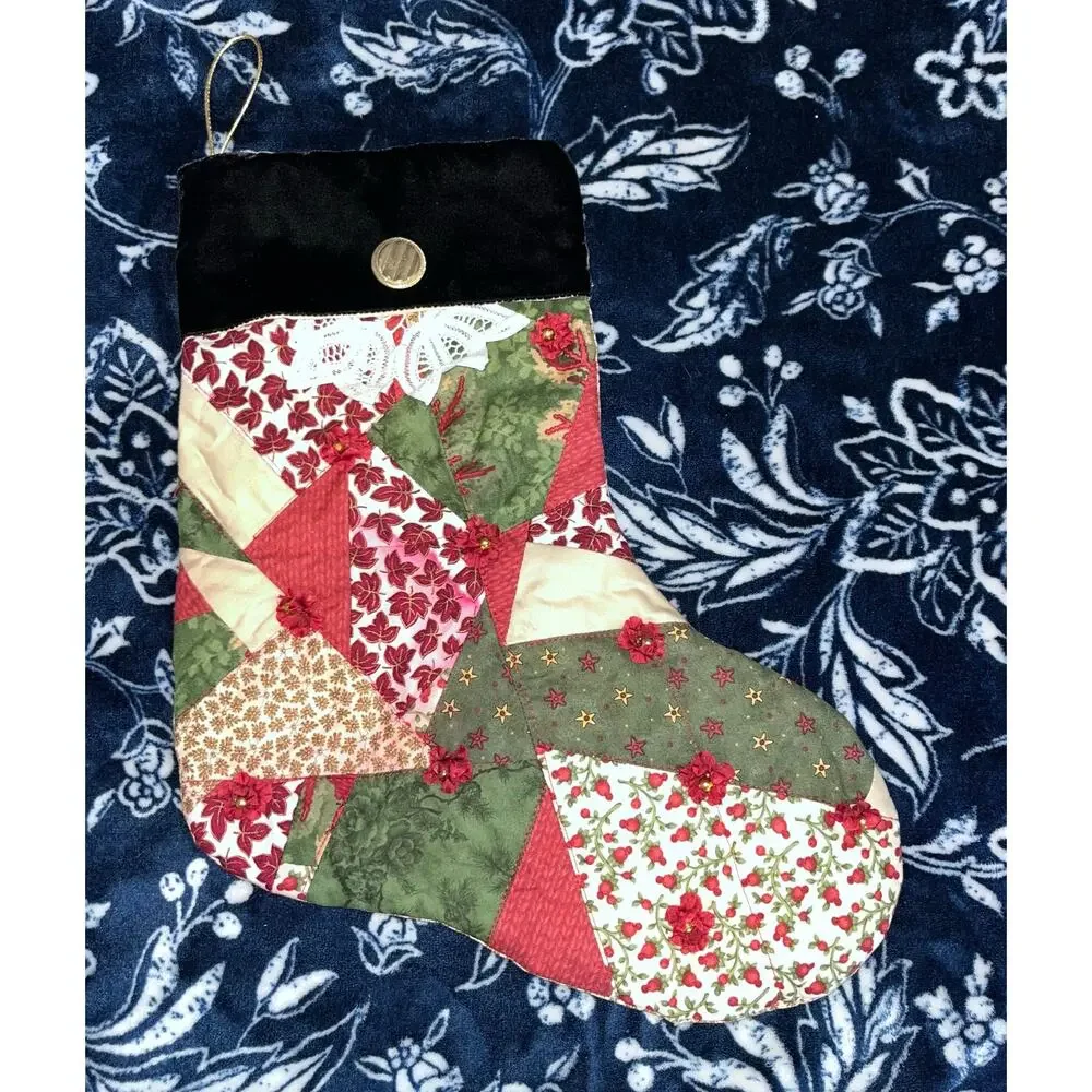 Set of 2 Vintage Handmade Quilted Christmas Stocking